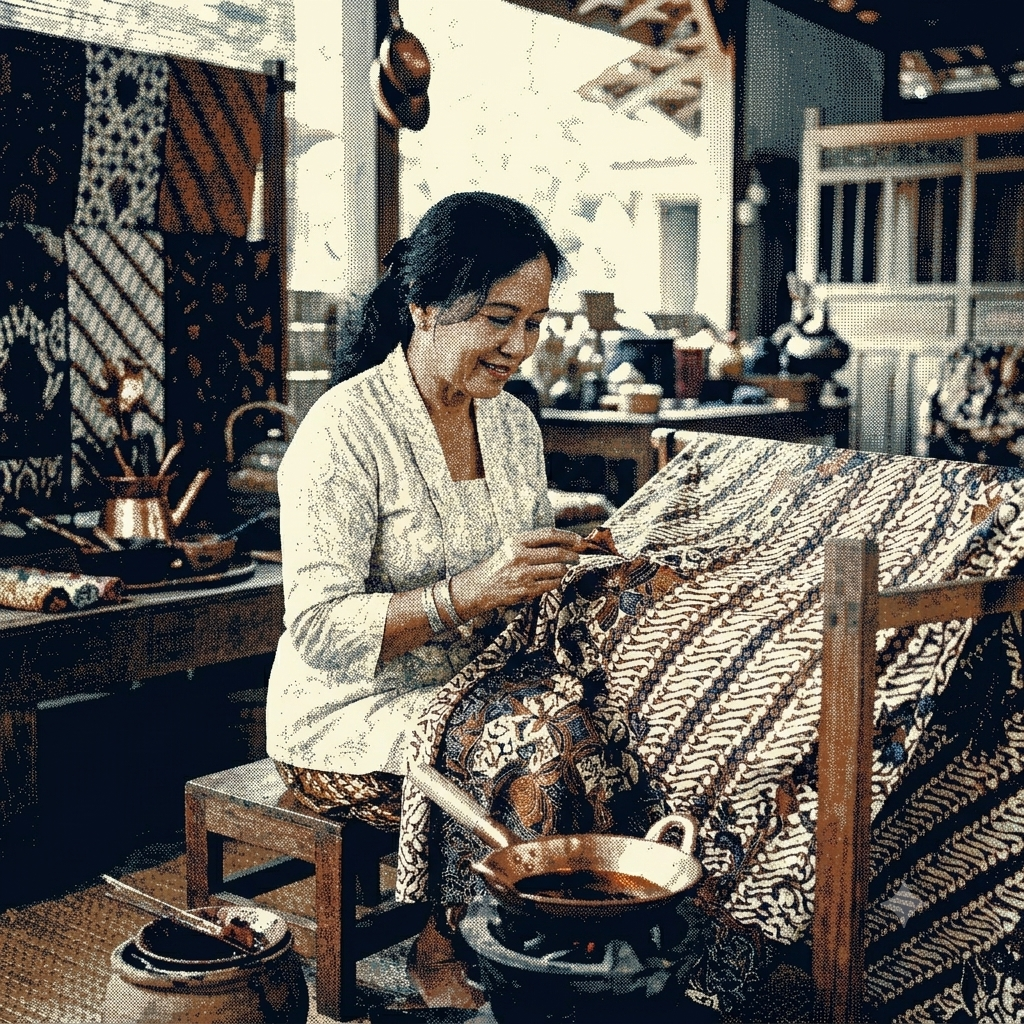 Perajin batik sedang membatik dengan canting di atas kain bermotif tradisional